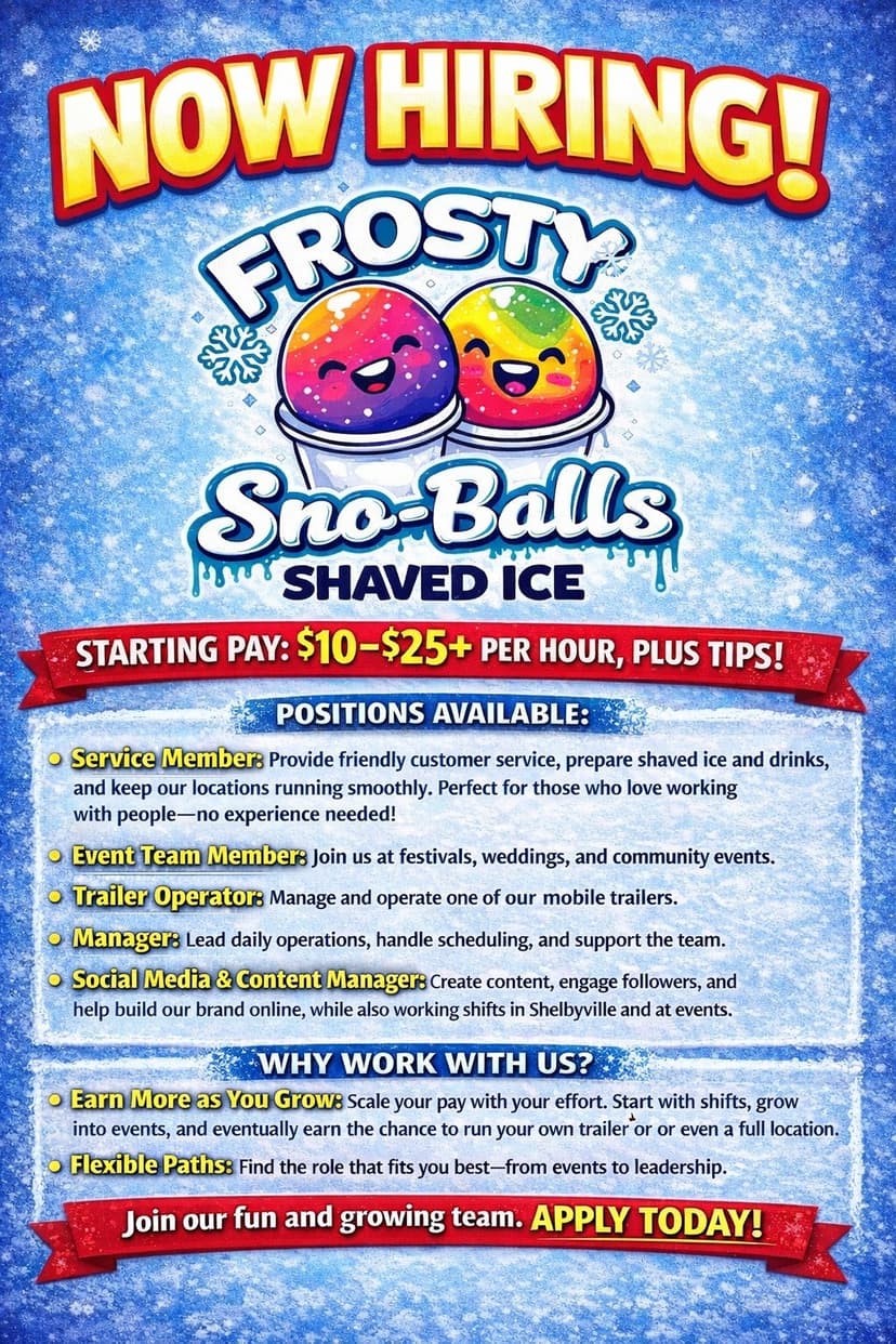 Frosty Sno-Balls Now Hiring poster