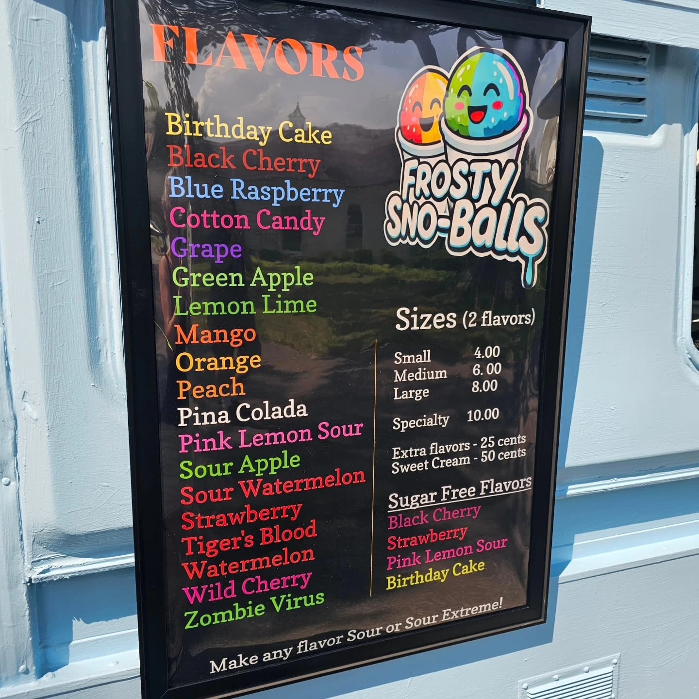 Frosty Sno-Balls official flavor menu board